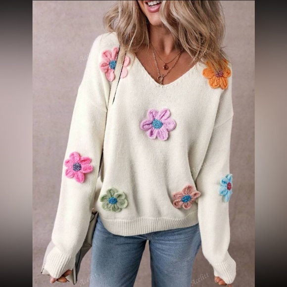 Sweaters - Luxe Comfy Elegant Floral Pattern Long Sleeve Knit Sweater
